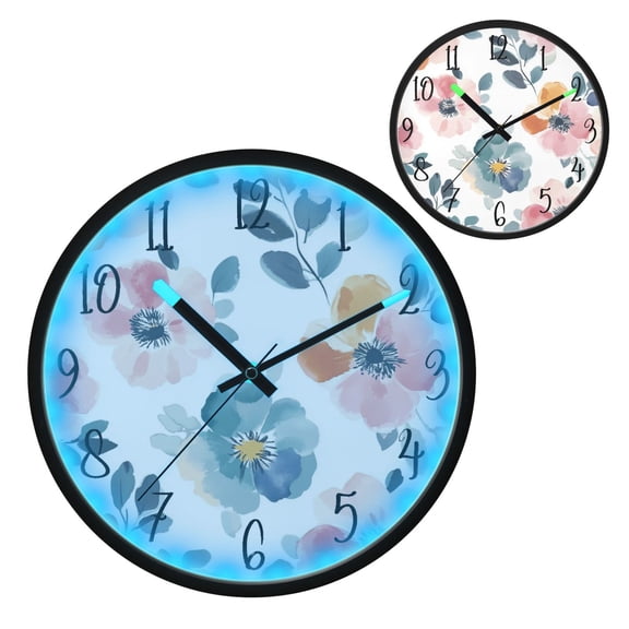 Voice Controlled Luminous Clock LED Night Light 12 Inch Silent Wall Clock Suitable for Bedroom and Living Room Home Decoration Oil Painting Green Flower