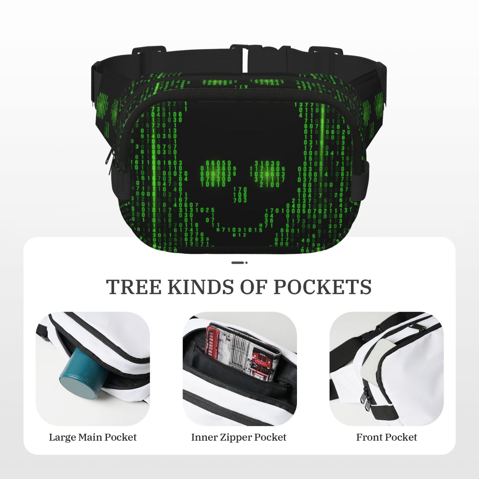 Picia Numbers Skull Print Square Double-Layer Waist Bag Mini Adjustable Waist Belt Bag Exercise Running Travel Hiking
