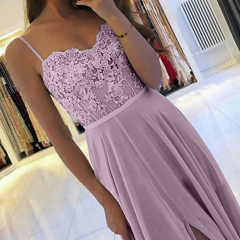 Efsteb Summer Dresses for Women Solid Color Lace Patchwork Casual Party Dress V Neck Slim Sleeveless Dress Trendy Maxi Dress Clearance Purple S