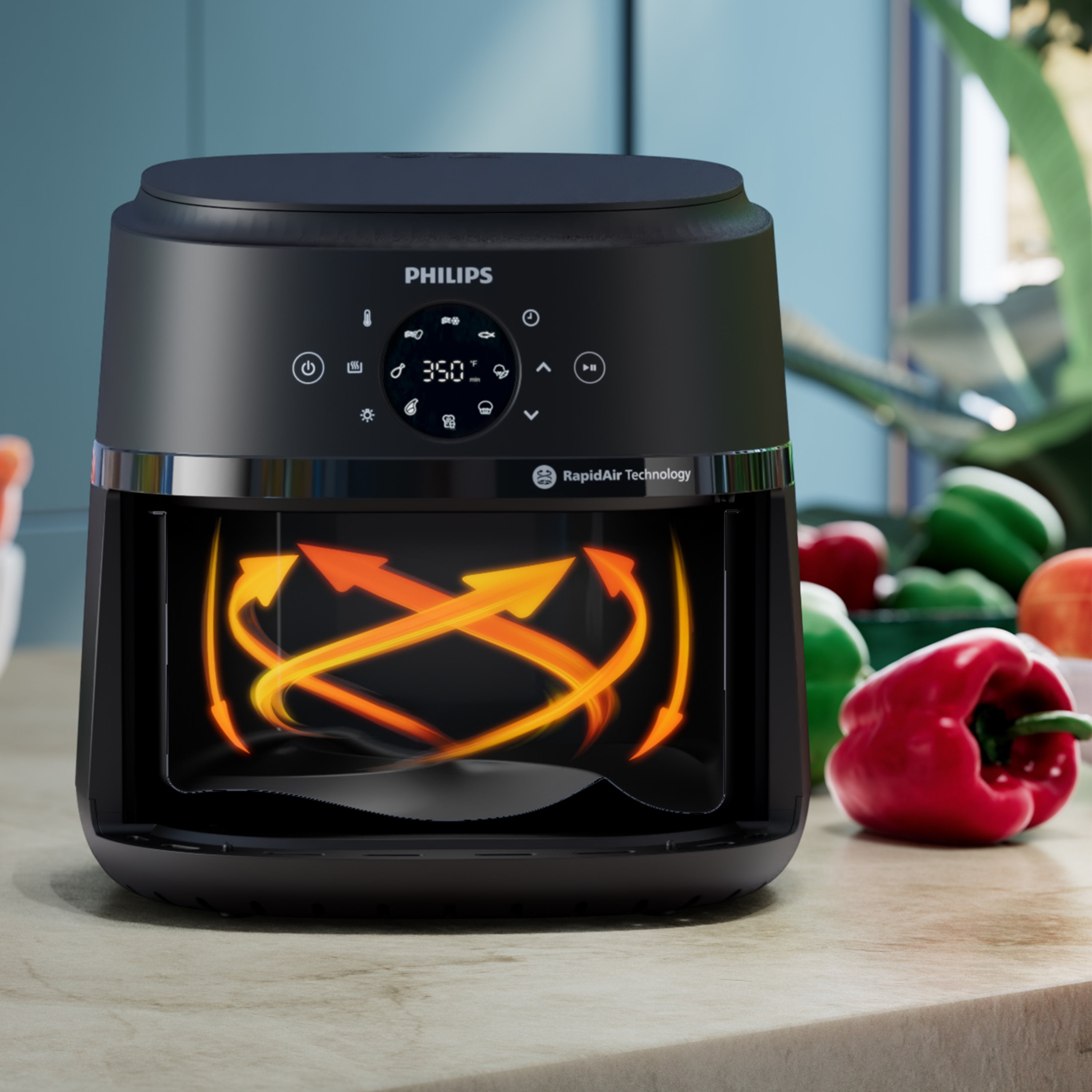 Philips 2000 Series Airfryer with Window, 6.6 Qt (6.2L) Capacity, Black, Silver Handle
