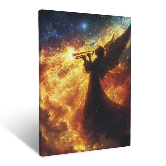 CozyNet Angel Blowing A Glowing Trumpet, Standing In The Heavens With Vibrant Clouds Wall Art Prints With Frame Canvas Perfect for Living Room & Bedroom, Ready to Hang, Wall Decor 12"x16"