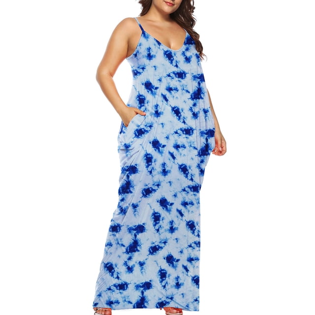 FcBaudy Camisole Sans Manches Robe Col en V, Robes d'Été pour Femmes, Robes Femmes Mode Grande Imprimé Robe à Bretelles Irrégulière Double Poche Robe Femmes