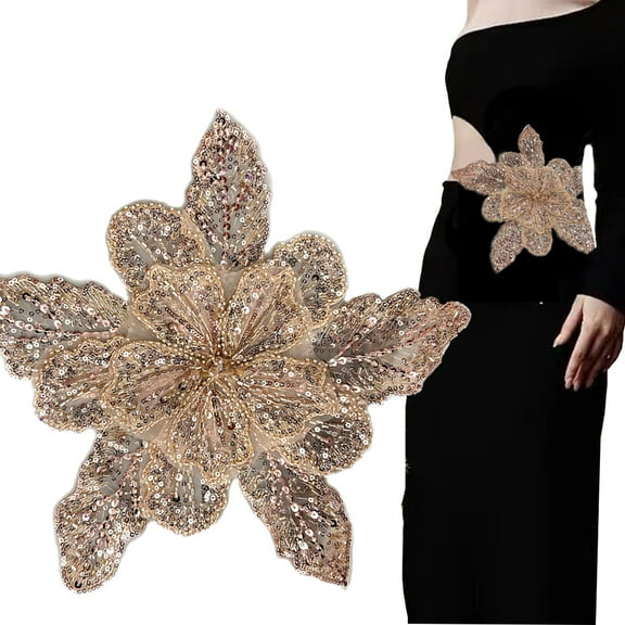 1Pcs Handmade Rhinestones Applique Champagne Large Flower Sequin Beaded Patches Sew on Sequins Crystal Lace Fabric Trim for Wedding Dress Wedding Headwear DIY Decorative Clothes