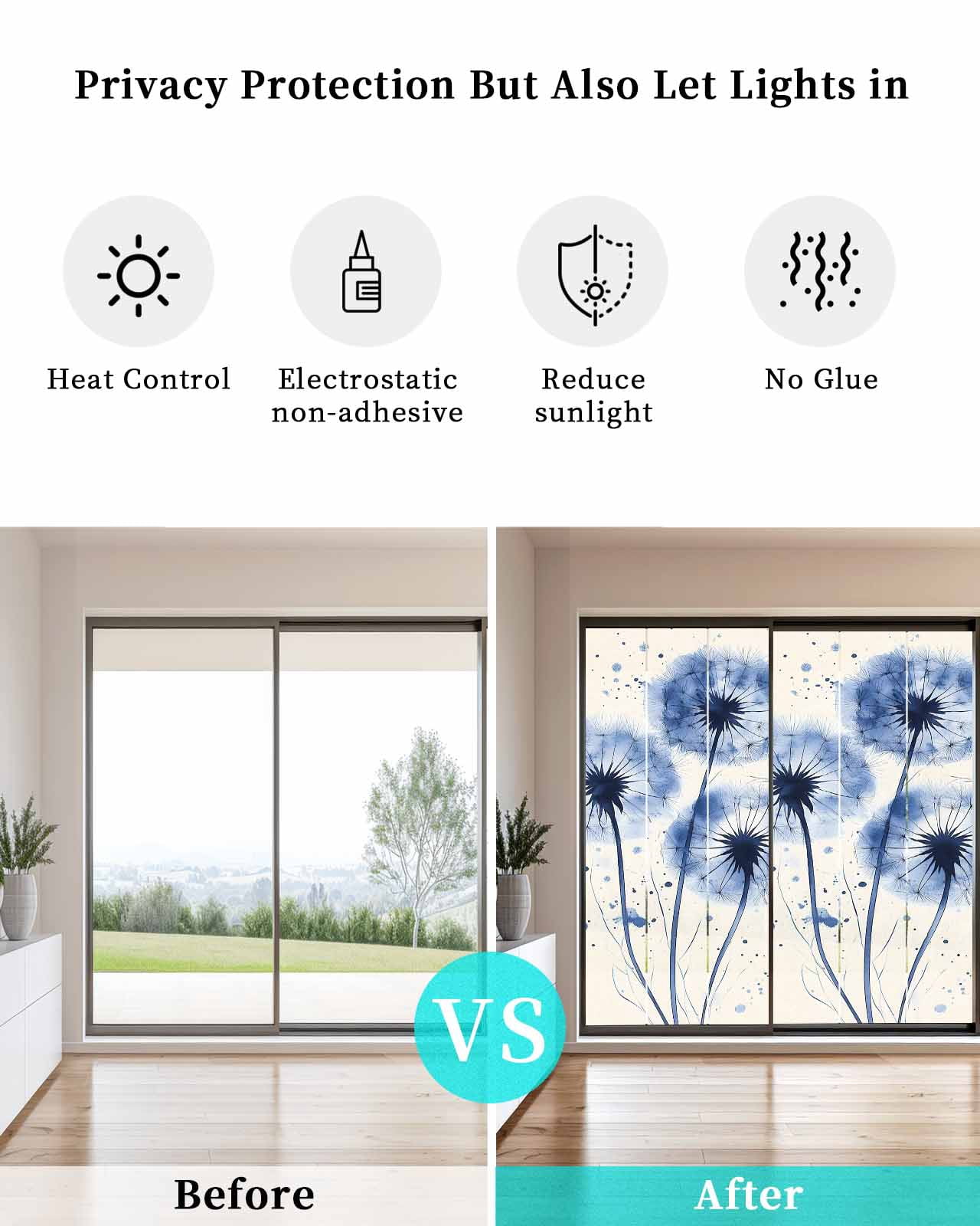 Window Privacy Film Spring Dandelion Stained Glass Window Film Decorative Sun Block Window Cover Simple Vintage Watercolor Blue Flowers Window Clings Static Adhesive Sticker for Bathroom 35.4"x78.7"