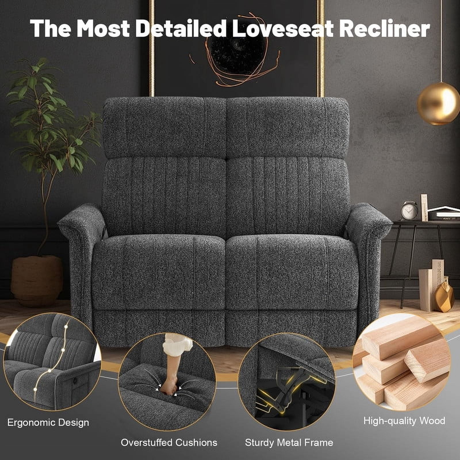 Loberfve Recliner Sofa, RV Reclining Loveseat with 2 Folding Side Table and Cup Holders, Manual Modern Loveseat Recliner Sofa with USB Ports, Gray