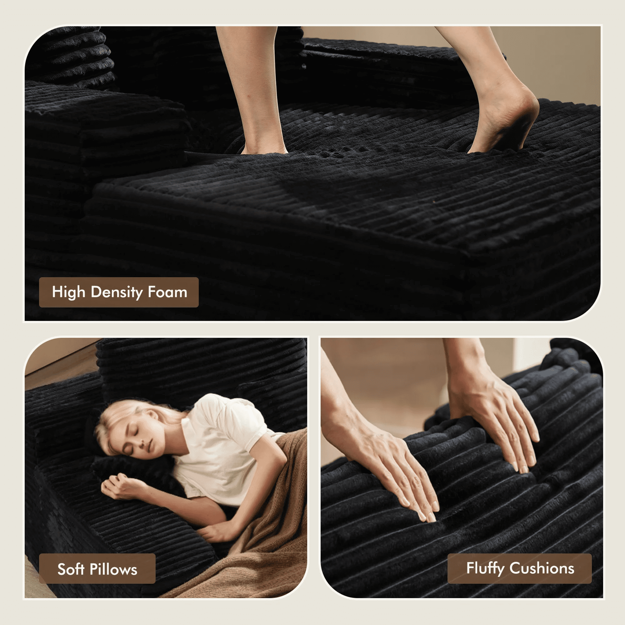 Vcatnet 67"x48" Chaise Lounge Chair Indoor Oversized Lounge Couch Upholstered Corduroy Sofa Bed for Living Room and Bedroom, Black