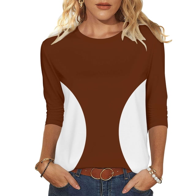 Camisetas de Manga 3/4 para Mujeres Impresas de Cuello Redondo Top de Moda Casual, Mezcla de Poliéster 95% 5% de Spandex para el Hogar Y el Uso Diario