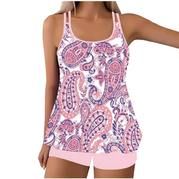 Wyobmus Women Modest Tankini Swimsuit Tummy Control Vintage Printed Swimwear Two Piece Bathing Suits Double Spaghetti Straps Swim Tank Top With Boyshorts A-Pink