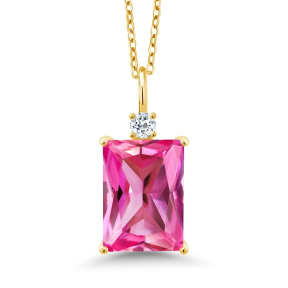 Gem Stone King 10.14 Cttw Pink Created Sapphire and White Topaz 18K Yellow Gold Plated Silver Pendant Necklace for Women | Gemstone Birthstone | With 18 inch Chain