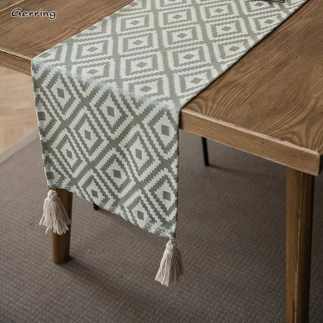 Gerring Nordic Jacquard Blue Table Runner Geometric Tassel Green Tea Table Flag Modern Elegant Table Runners For Dining Table