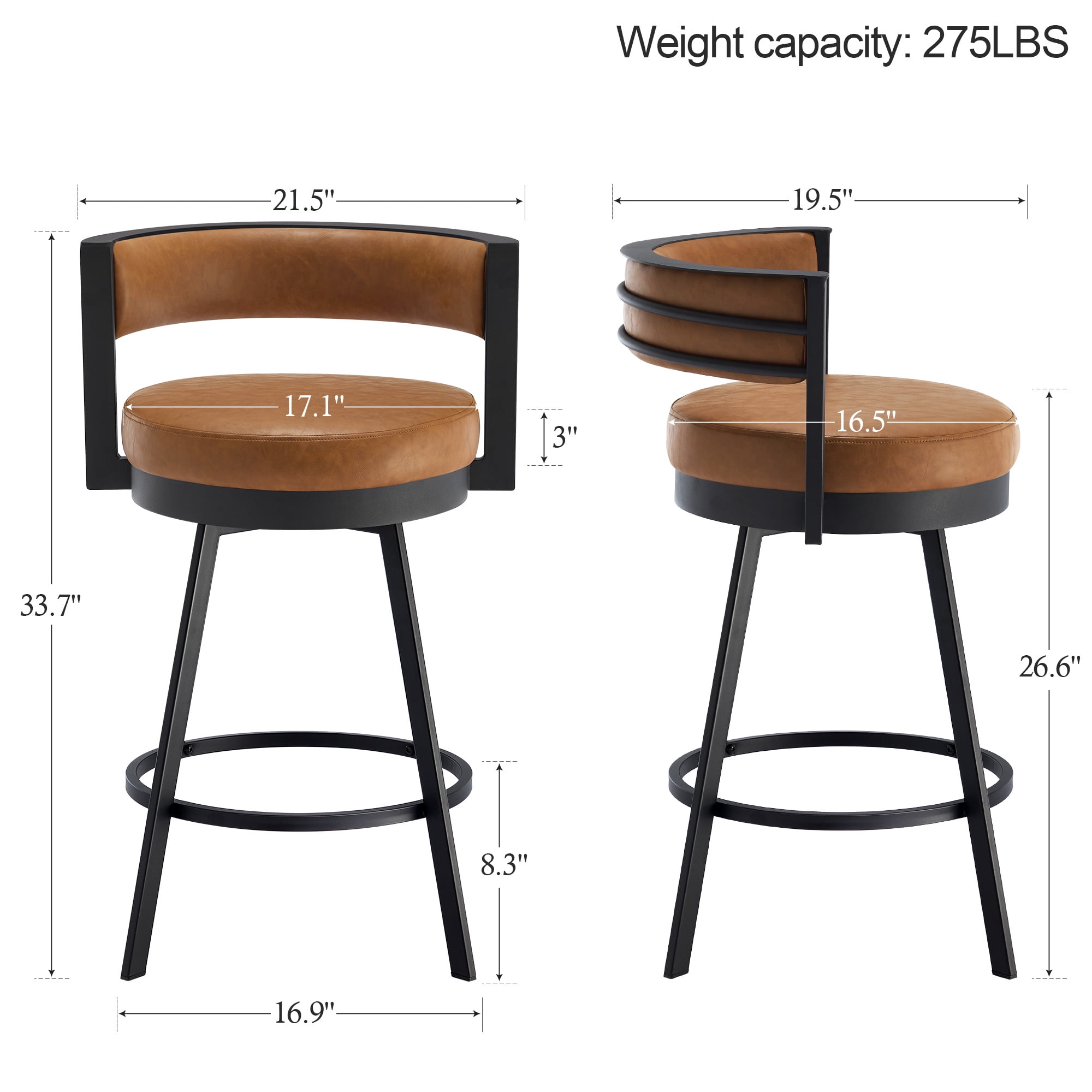Zesthouse 26.6″ Swivel Bar Stools Set of 2, Faux Leather Upholstered Counter Height Chairs with Barrel Back & Matte Black Metal Legs, Modern Barstools for Kitchen Island, Brown