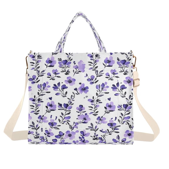 Corduroy Tote Bag for Women Shoulder Handbags Fashion Ladies Purses Satchel Messenger Bags Purple Flowers Pattern S