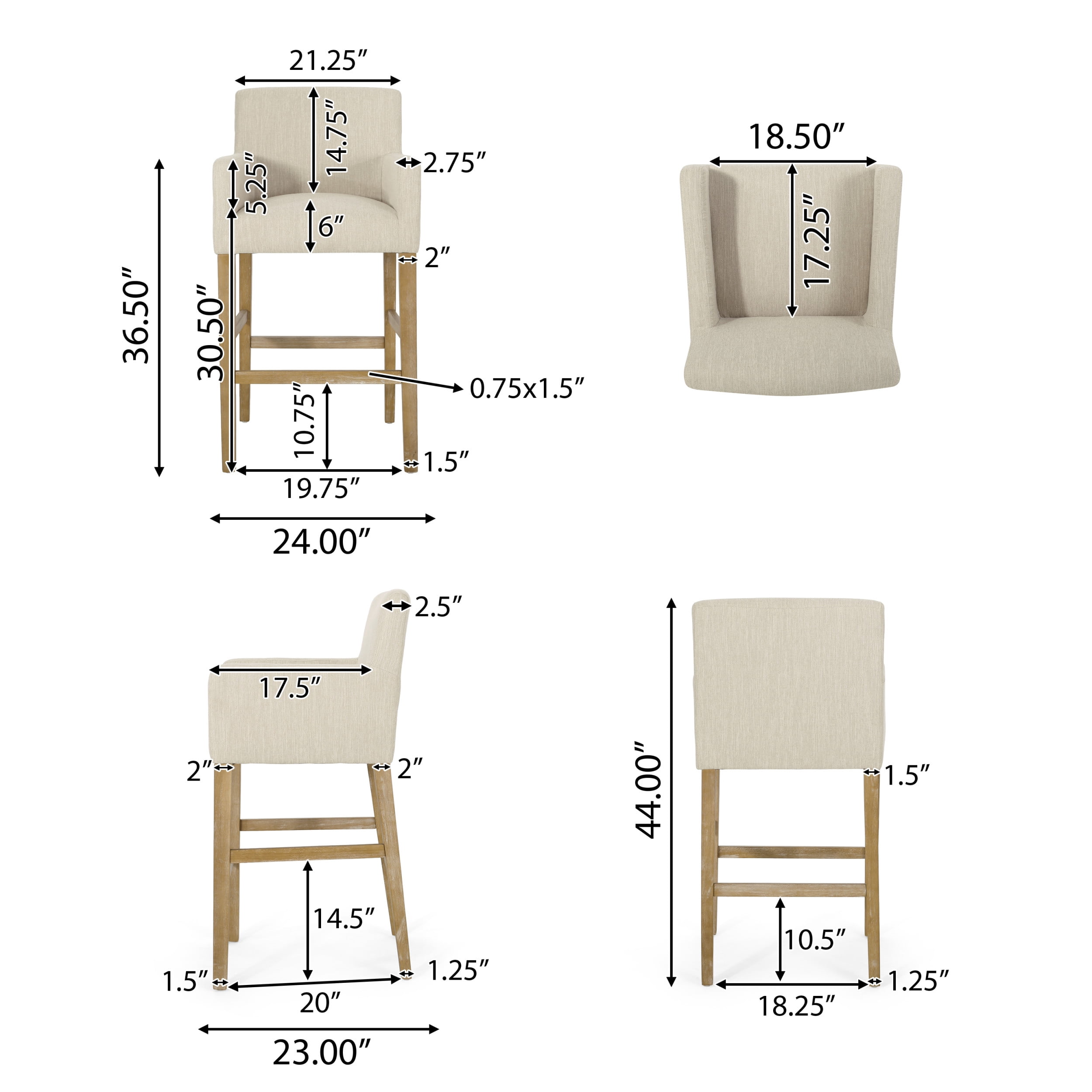 Noble House Deville Indoor Fabric Upholstered Wood 30.5 inch Barstools with Full Back, Set of 2, Beige