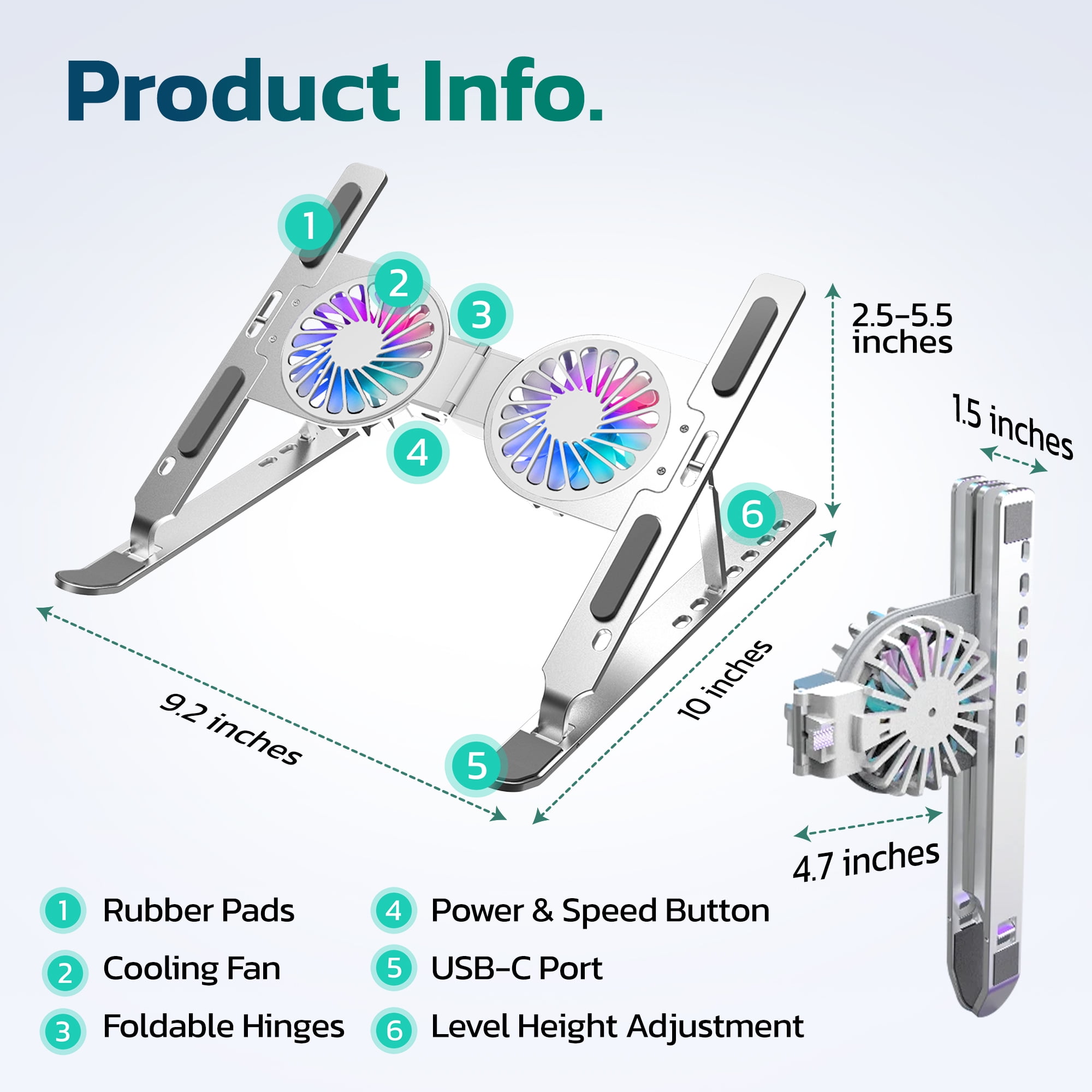 Purely F82 Foldable Laptop Cooling Stand for Desk with Cooling Fan,  Adjustable height - Silver