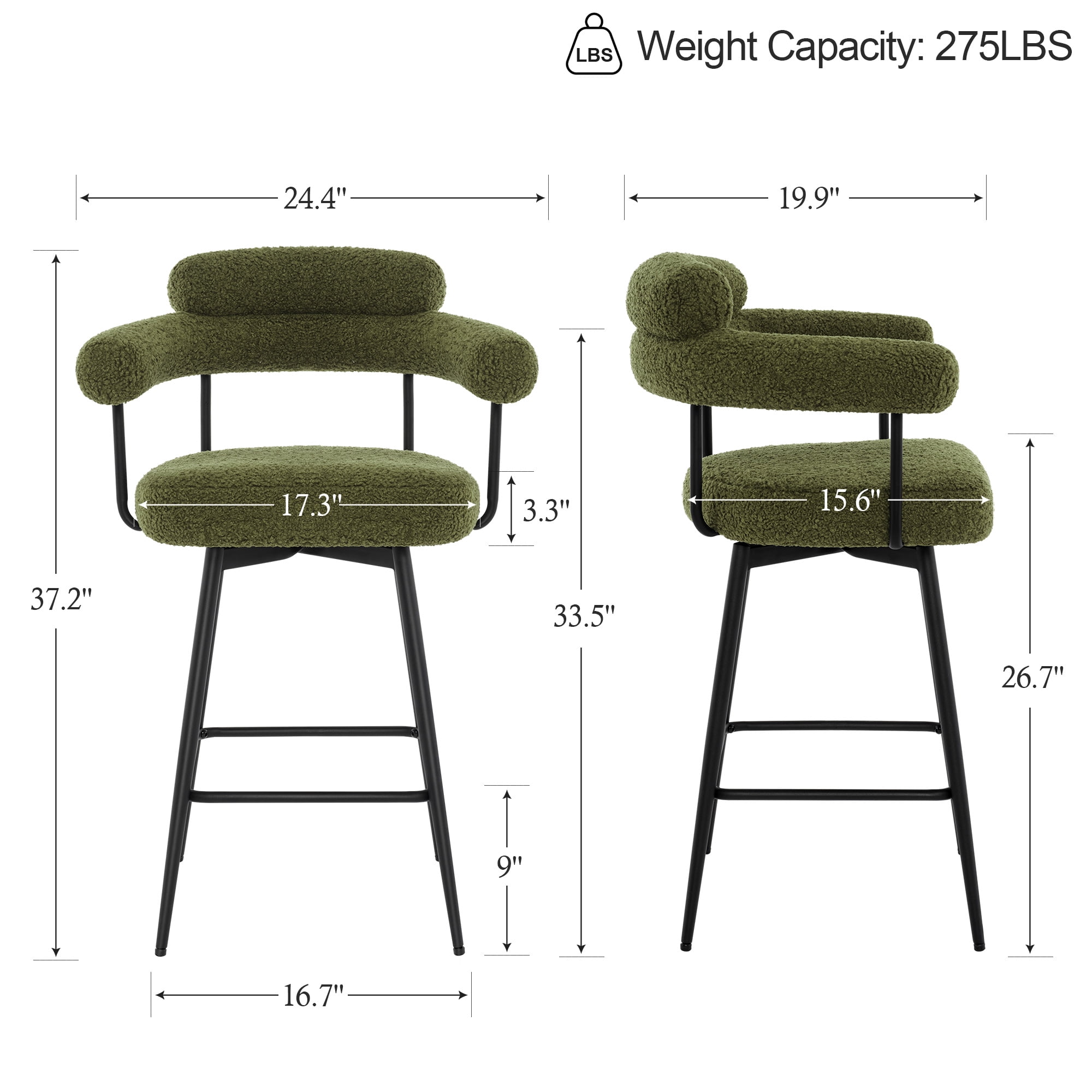 Zesthouse 26.7" Swivel Counter Stools Set of 2, Upholstered Sherpa Bar Stools with Back and Metal Legs, Modern Counter Height Chairs for Kitchen Island, Green