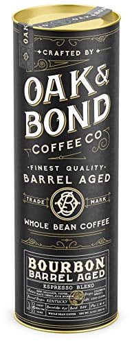 Espresso Bourbon Barrel Aged Coffee - Whole Bean Coffee, Dark Roast, Colombia & Brazil Espresso Blend, Whole Bean Coffee Aged in Bourbon Whiskey Barrels by Oak & Bond Coffee Co. - 10 oz