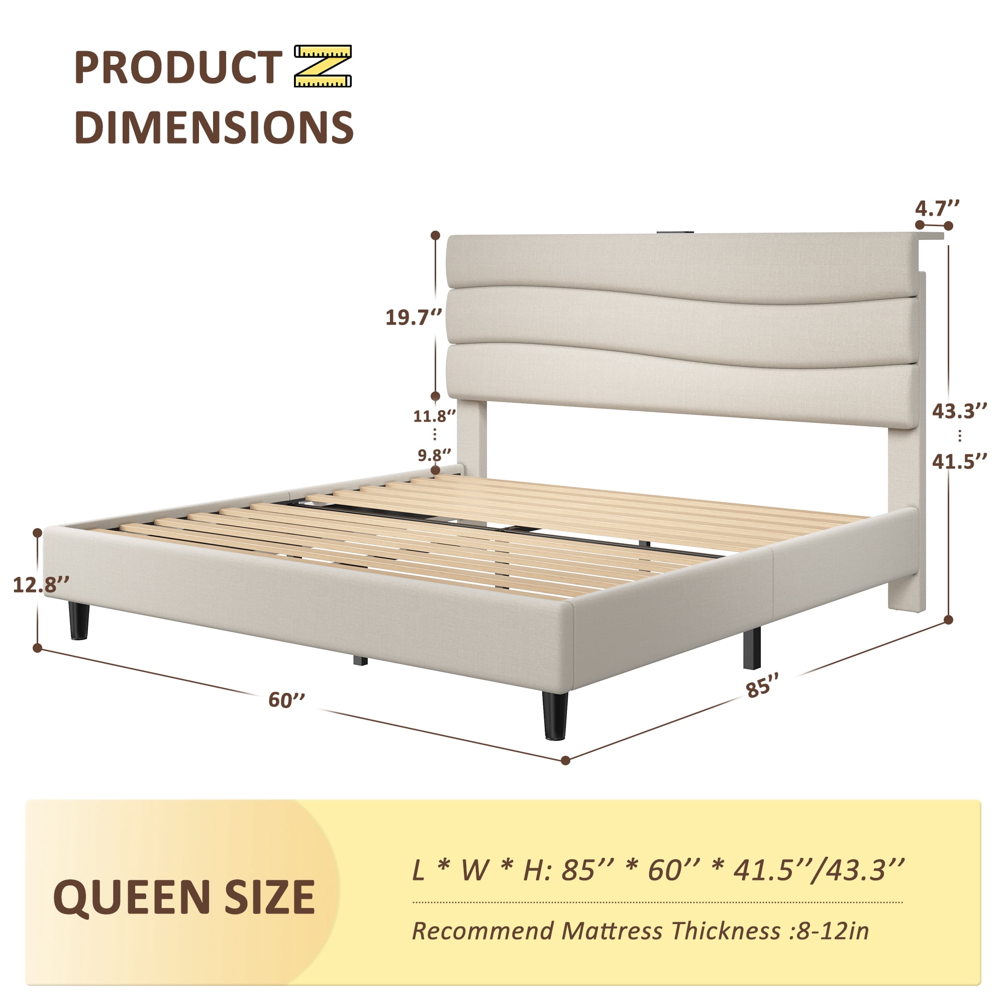 Queen Size Bed Frame with Storage Platform Upholstered Bed Frame with Adjustable Headboard & Charge Station,Beige