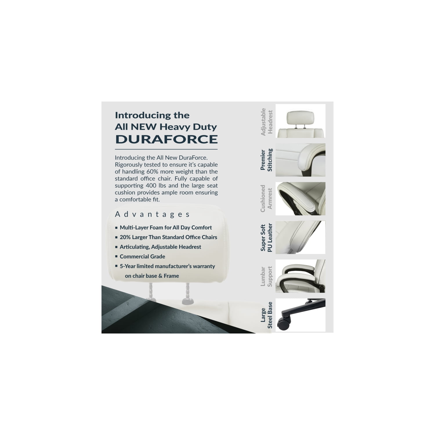 Regency DuraForce Big & Tall Ergonomic Executive Office Chair, 400 lbs Support - Cream