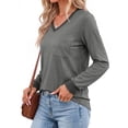 thumbnail image 3 of MOSHU Color Block T Shirts for Women V Neck Long Sleeve Womens Shirts Loose Fall Tops with Pocket, 3 of 8