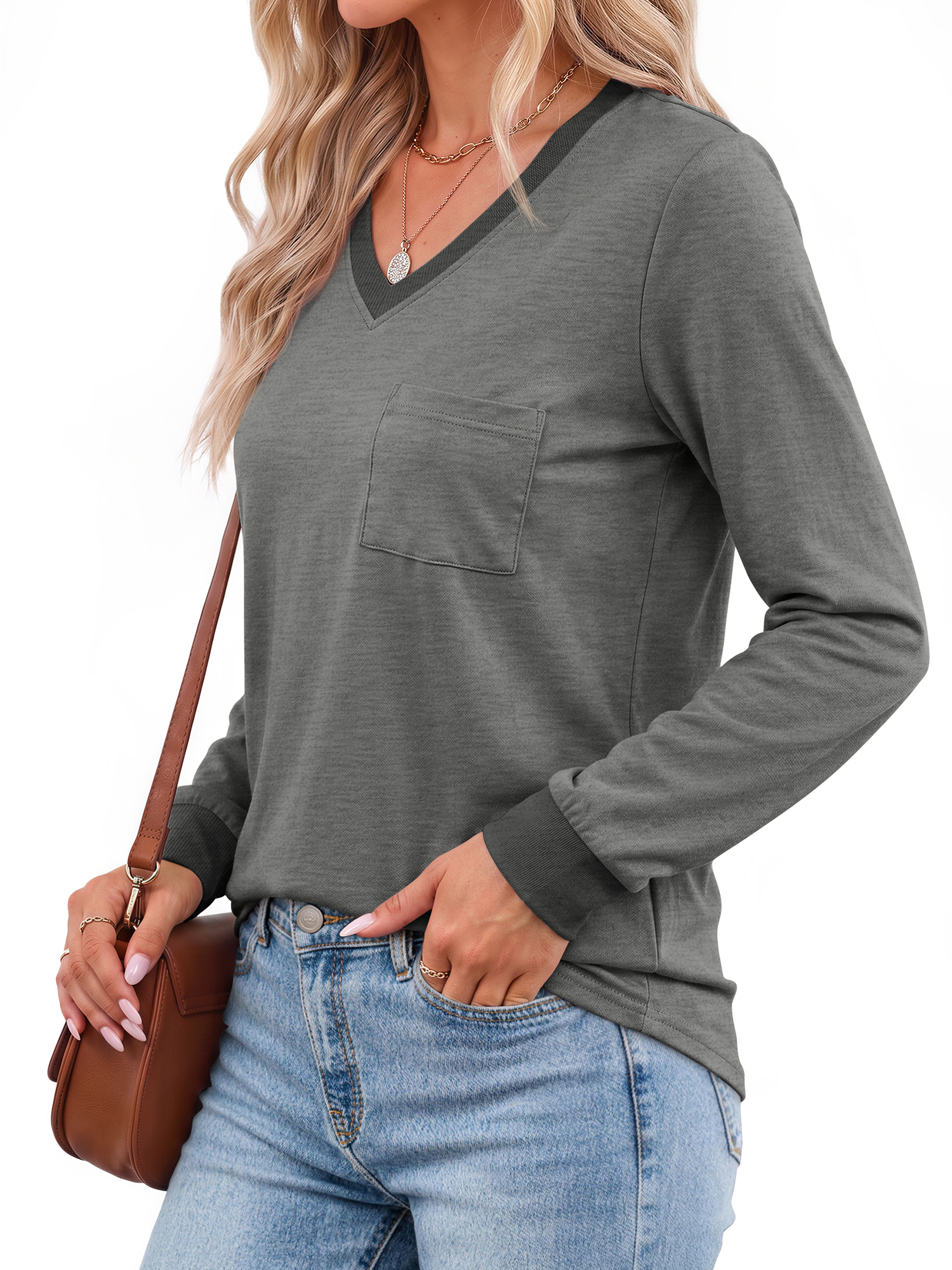 Moshu Women's V-Neck Color Block Long Sleeve Top photo 3
