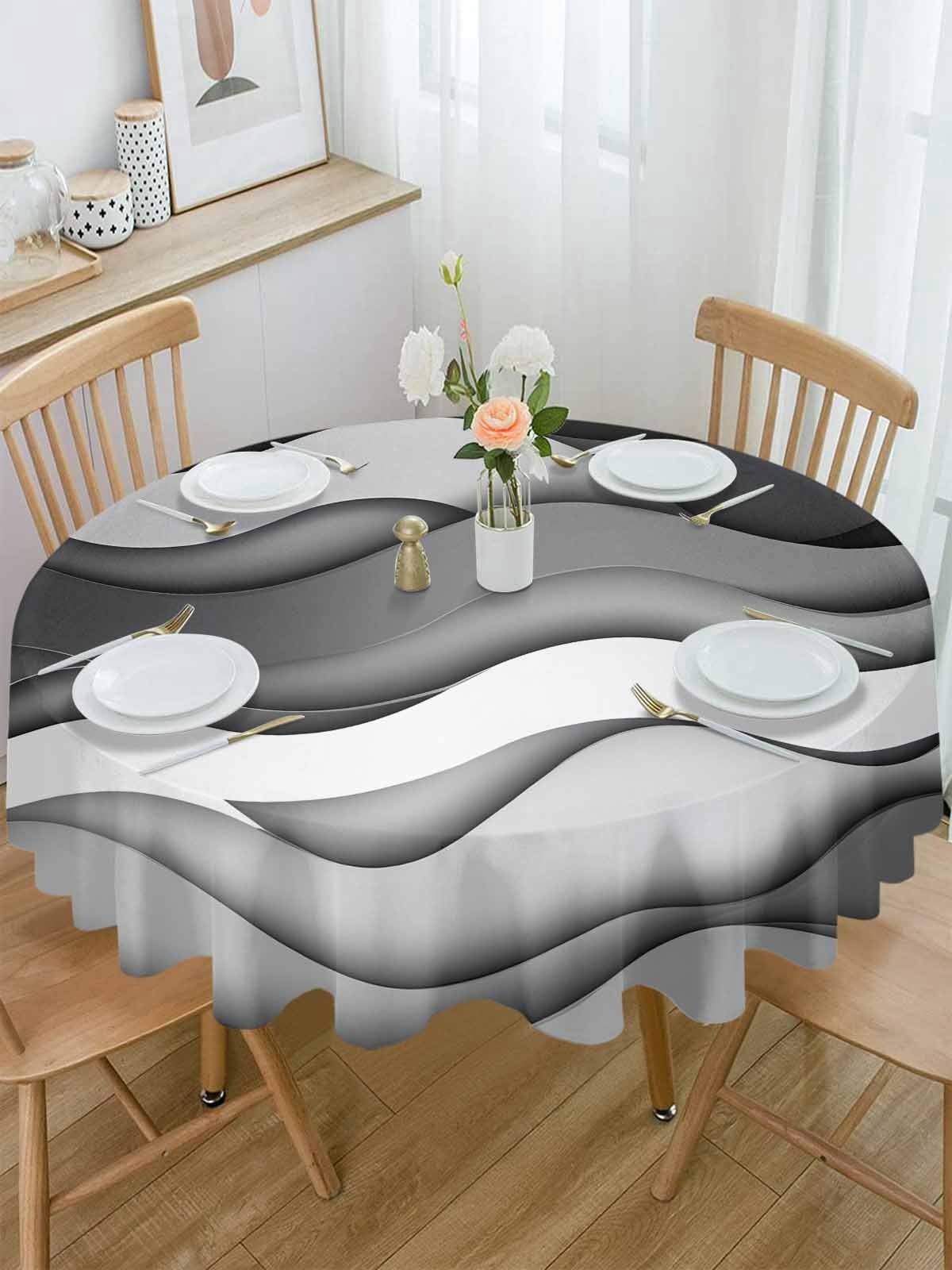 Round Tablecloth Gradient Grey White Beach Waterproof Oil Proof Polyester Table Cloth Cover Decor for Home Dining Outdoor,Patio,Parties, 54" Dia. Abstract Coastal Ocean Wave