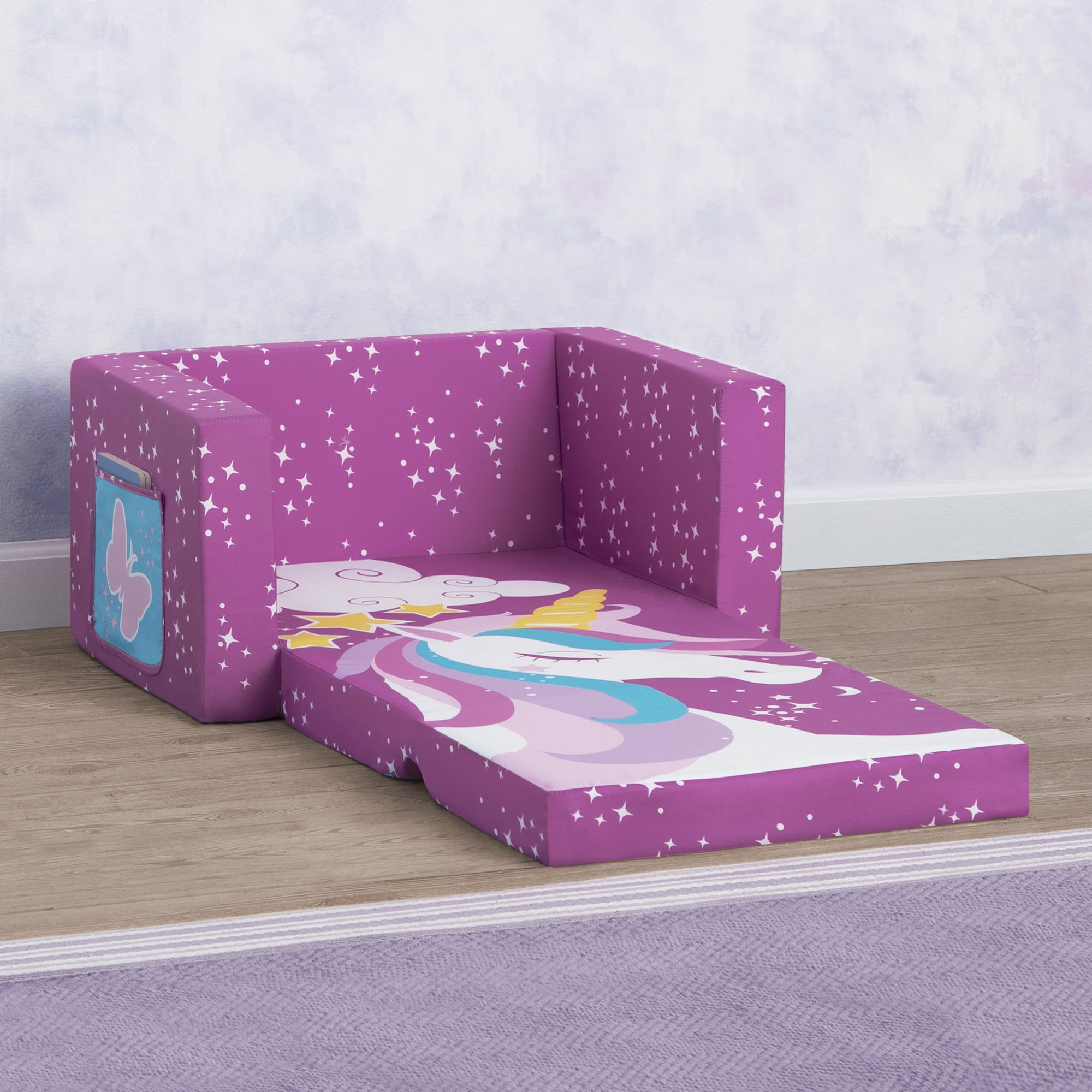 Delta Children Unicorn 2-in-1 Cozy Convertible Flip-Out Foam Chair, Toddler, Pink