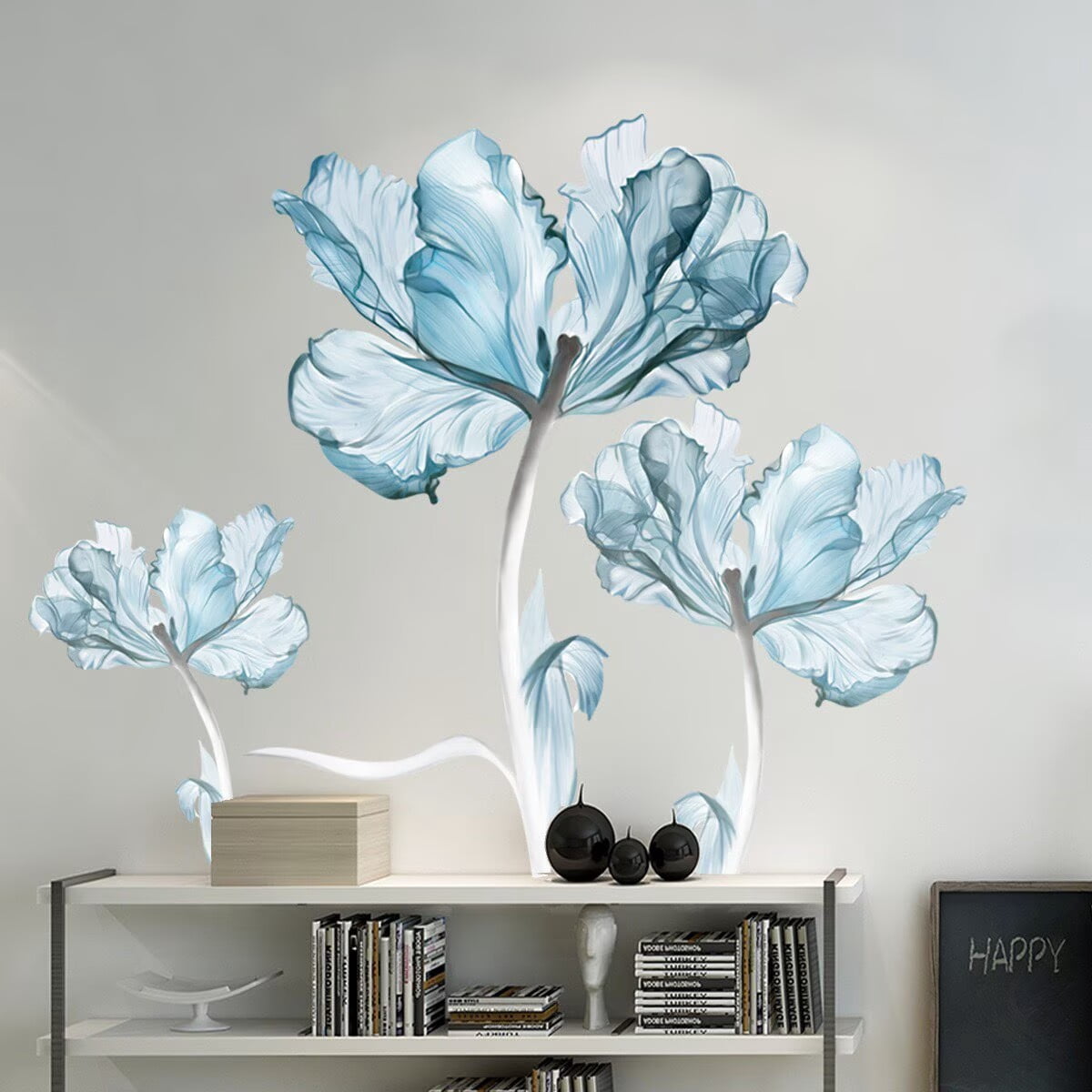 Large Blue Flower Wall Decals Poppy Floral Wall Art Stickers for Girls Bedroom Living Room Bathroom Office TV Background Decor