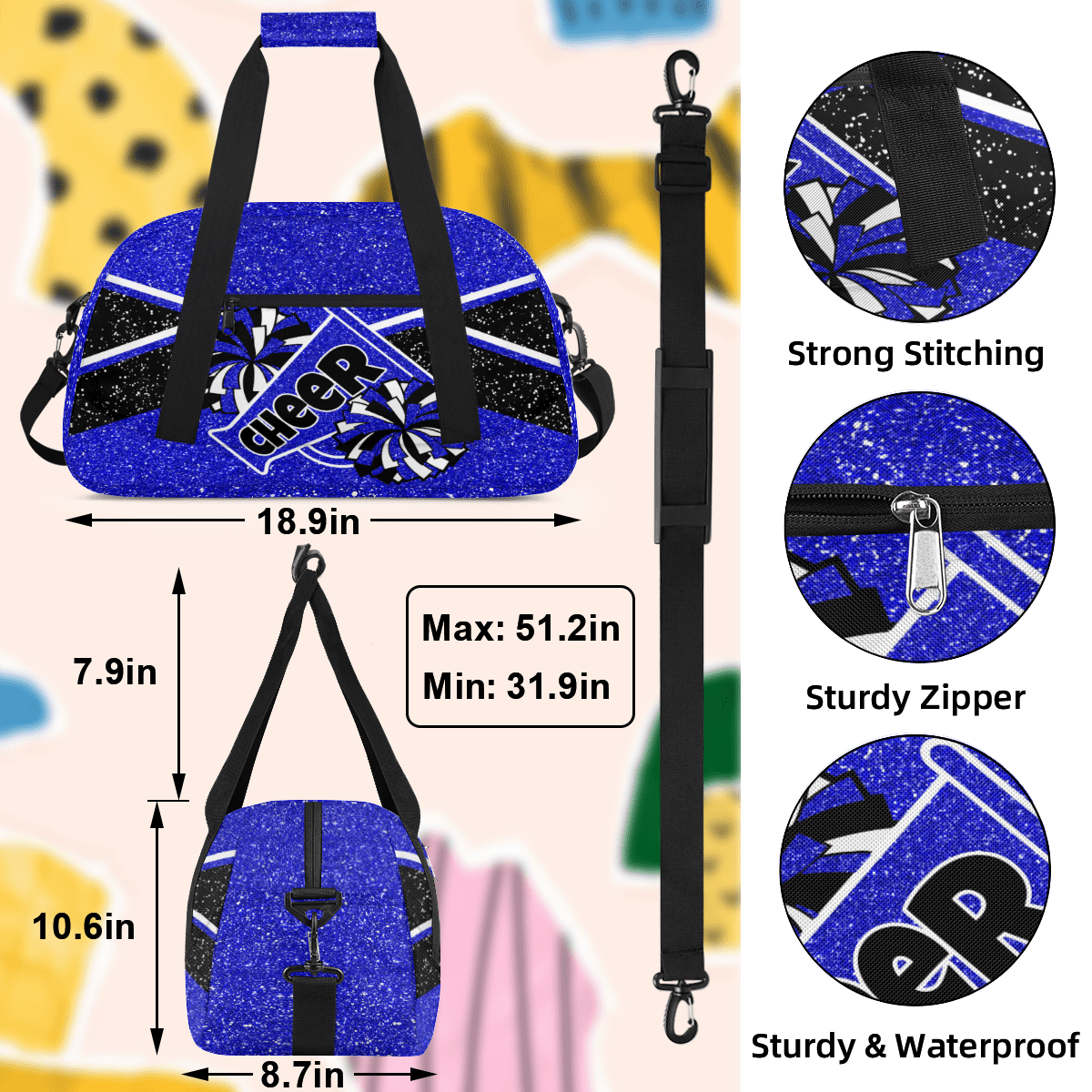 Herdesigns Cheer Bag Sports Duffle Bags Cheerleader Blue Gym Bag Weekender Travel Bag Waterproof Overnight Bag Carry On Travel Tote Bag Dance Bags