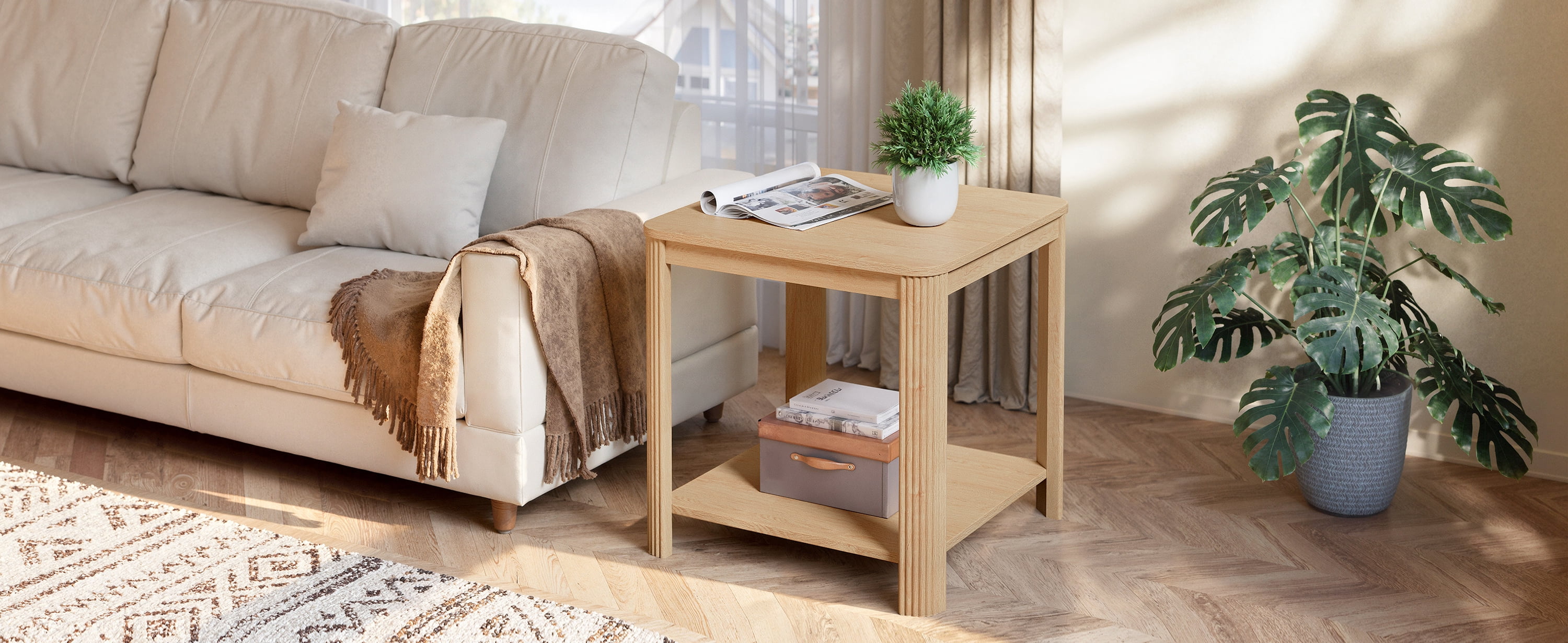 2‑Tier Boho Square End Table with Vertical Wave Grain Legs, Rounded Corner Side Table Nightstand, 22.1” for Living Room Bedroom Home Office, Oak
