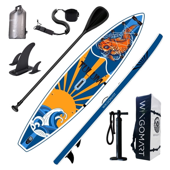 WINGOMART XL 12FT Inflatable Stand up Paddle Board w/Premium SUP Accessories & Carry Bag |upgraded paddle boards w/ 3 Fish Fin for Paddling |Up to 2 Person / 380LB -Tulum Edition
