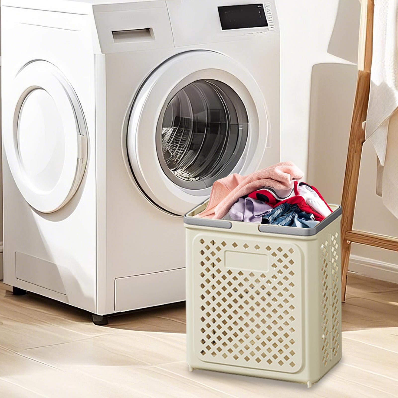Bxaolu 30L Slim Laundry Hamper, Clothes Basket with Handles, Plastic, 14"L x 7.48"W x 17.5"H, Beige