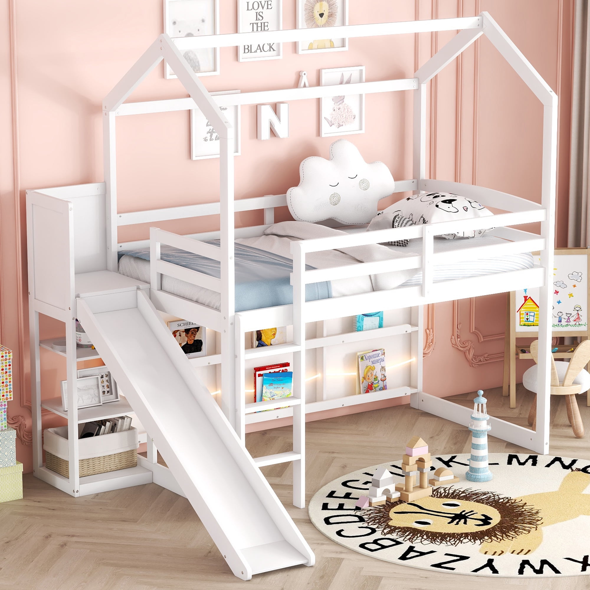 Euroco Wood Twin Size Loft Bed with Shelf and Ladder, Bookcase and Light for Kids Teens Adults, White