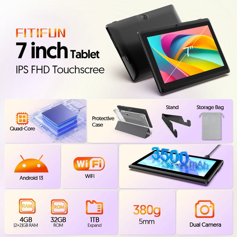 FITIFUN 7 inch Tablet Android 13 Tablets with Case, Stand, Storage
