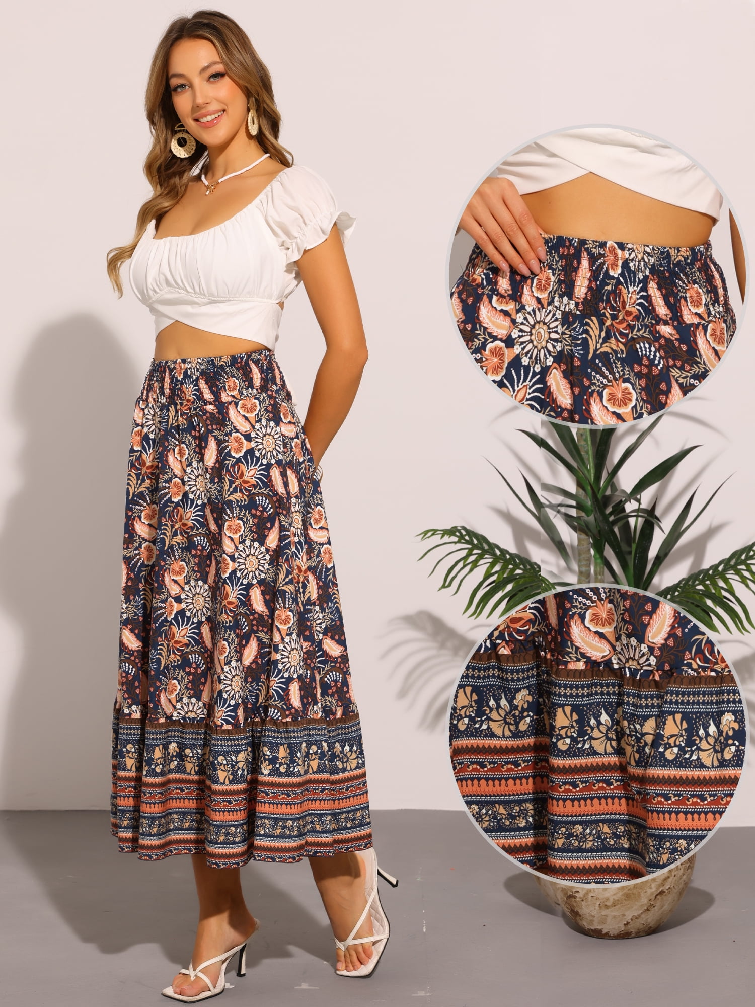 DARING DIVA Women's Boho Floral Casual Beach Flowy Maxi Skirt M Dark Blue