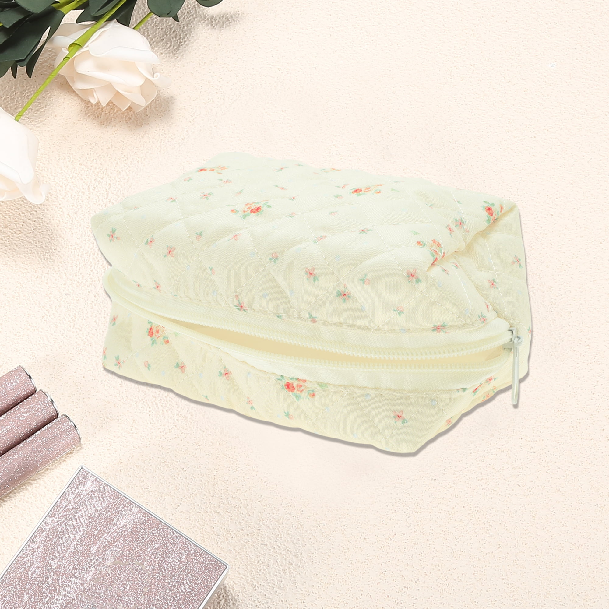 Unique Bargains Small Flower Makeup Bag Beige 1 Piece for Travel and Storage