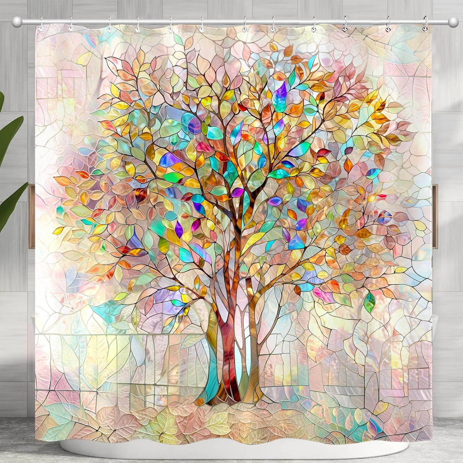 Tree of Shower Curtain Stained Glass Shower Curtain Art Life Shower Curtains for Bathroom Colorful Shower Curtain Set with 12 Hooks Tree 72×72 Inches