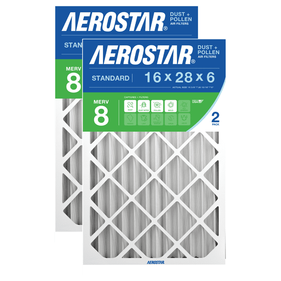 Aerostar 16x28x6 MERV 8 Pleated Air Filter, 2 Pack, Furnaces Filter, HVAC Filter