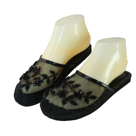 

StarBay Women s Solid Black Color Floral Beaded Mesh Chinese Slippers