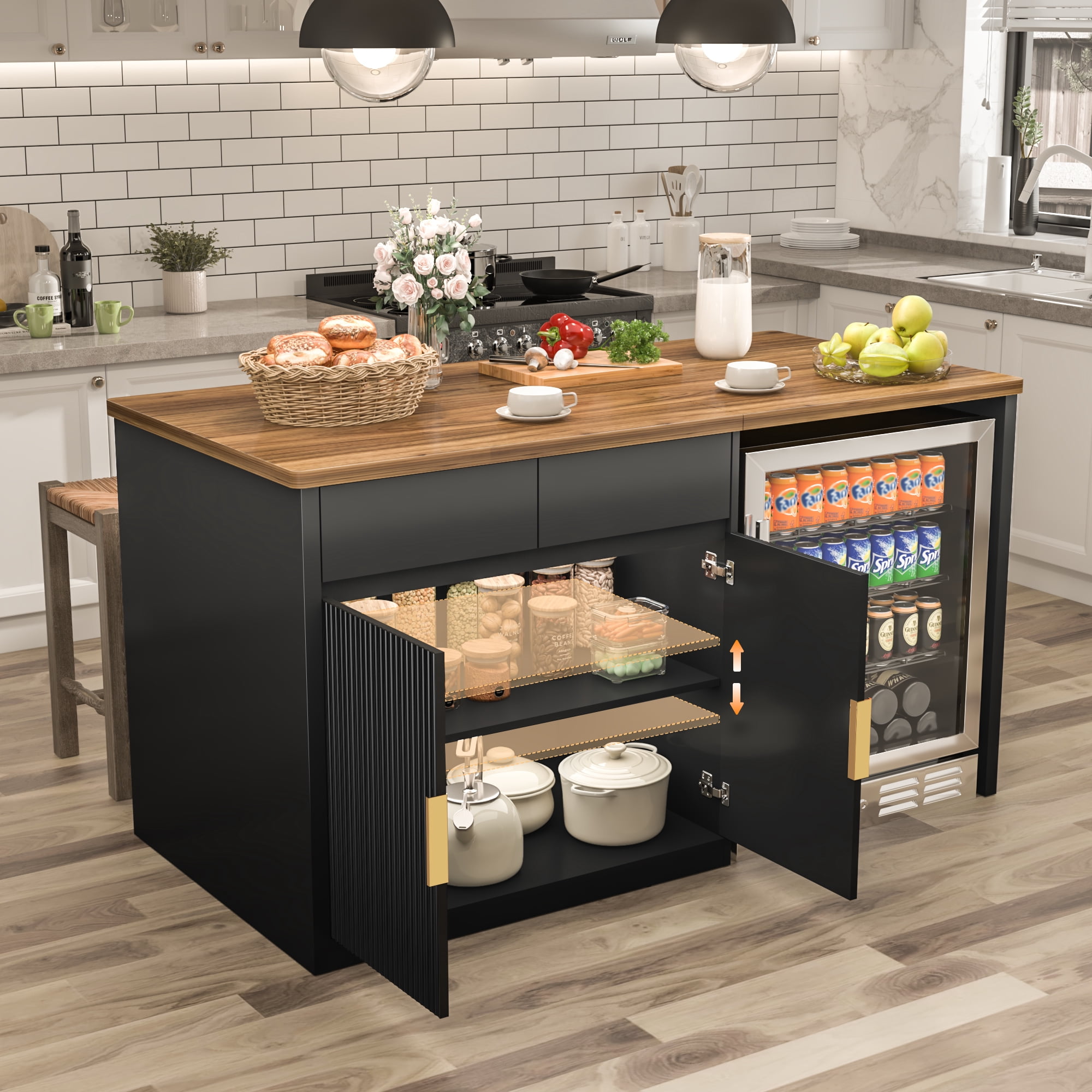 60.7"W Large Kitchen Island with Fridge Space, Modern Kitchen Bar Island Table