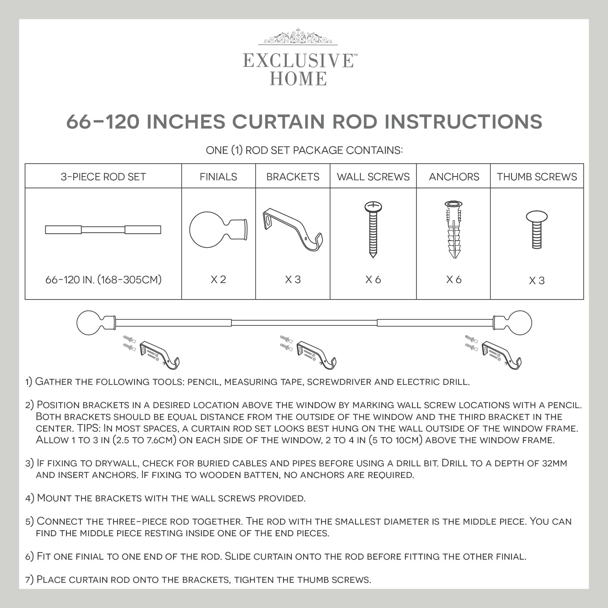 Exclusive Home Ogee 1" Curtain Rod and Coordinating Finial Set, Gunmetal, Adjustable 66"-120"