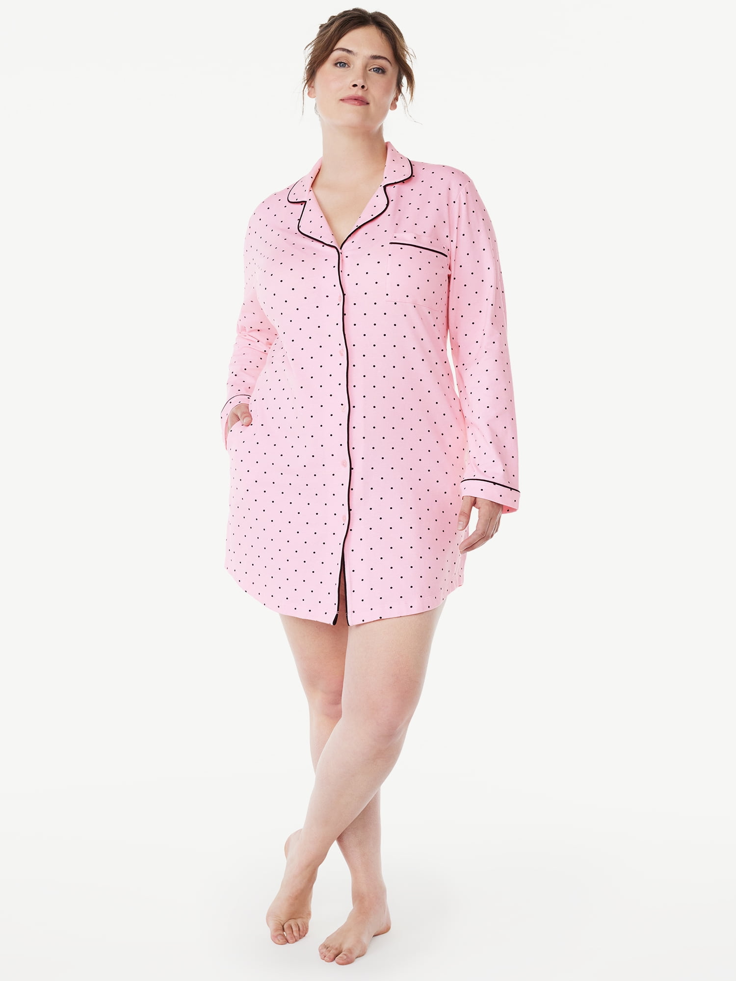 Joyspun Women’s Cotton Blend Long Sleeve Notch Collar Sleepshirt, Sizes S to 4X