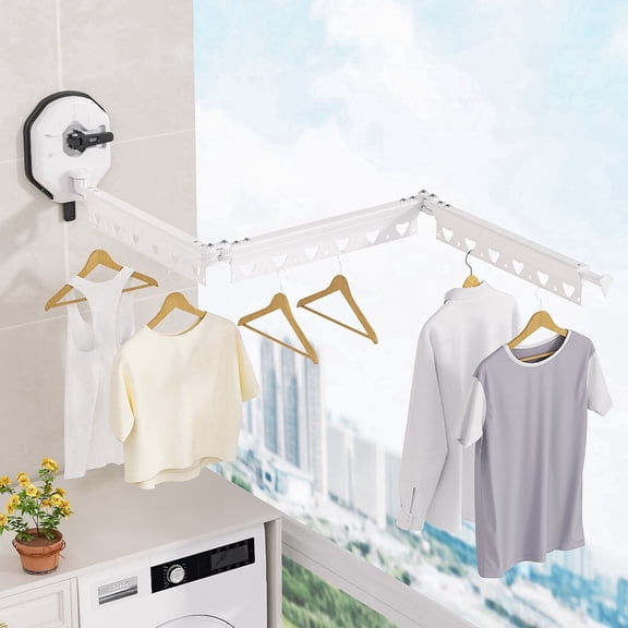 Suction Cup Clothes Drying Rack Wall Mount, Retractable Collapsible Laundry Hanger with 18 Hooks, No Drill Space Saver Drying Racks, Foldable Dryer Rack for Bathroom Bedroom Balcony RV, White, 3-Fold