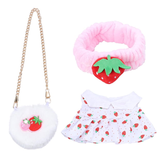 Ropa de muñeca de peluche suave, conjunto informal, disfraz, sombrero, ropa de muñeca de peluche, mini peluche Fresa