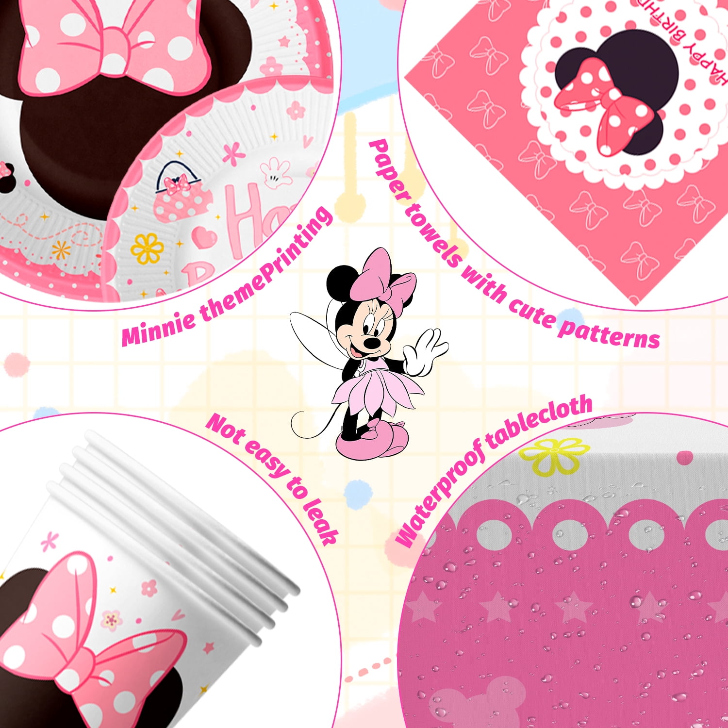 Minnie Birthday Party Supplies Tableware-113pcs Minnie Party Tableware Set Include Minnie Mouse Party Plates Cups Napkins Table Cloth Set ect Minnie Theme Party Decor, Serves 16