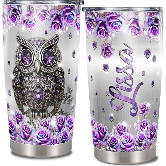 Personalized Owl Tumbler with Lid 20oz Stainless Steel Custom Name Jewelry Style Purple Insulated Cup Coffee Travel Mug Funny Gift for Men Women Birthday
