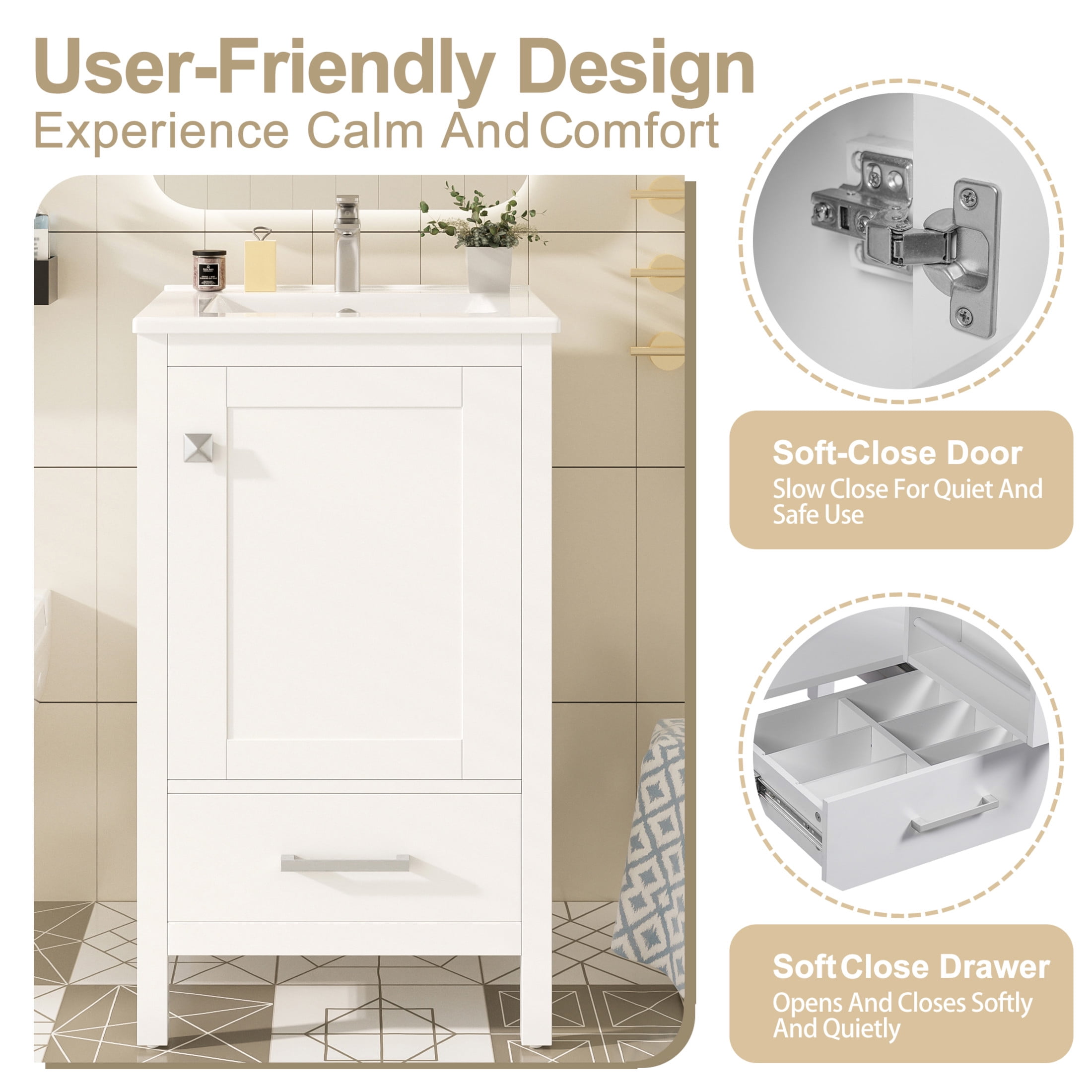 Noble House 20" Modern Bathroom Vanity with Ceramic Sink, Soft Close Drawer & Door, Divider Drawer, White