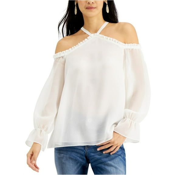I-N-C Womens Ruffled Cold Shoulder Blouse, White, Small