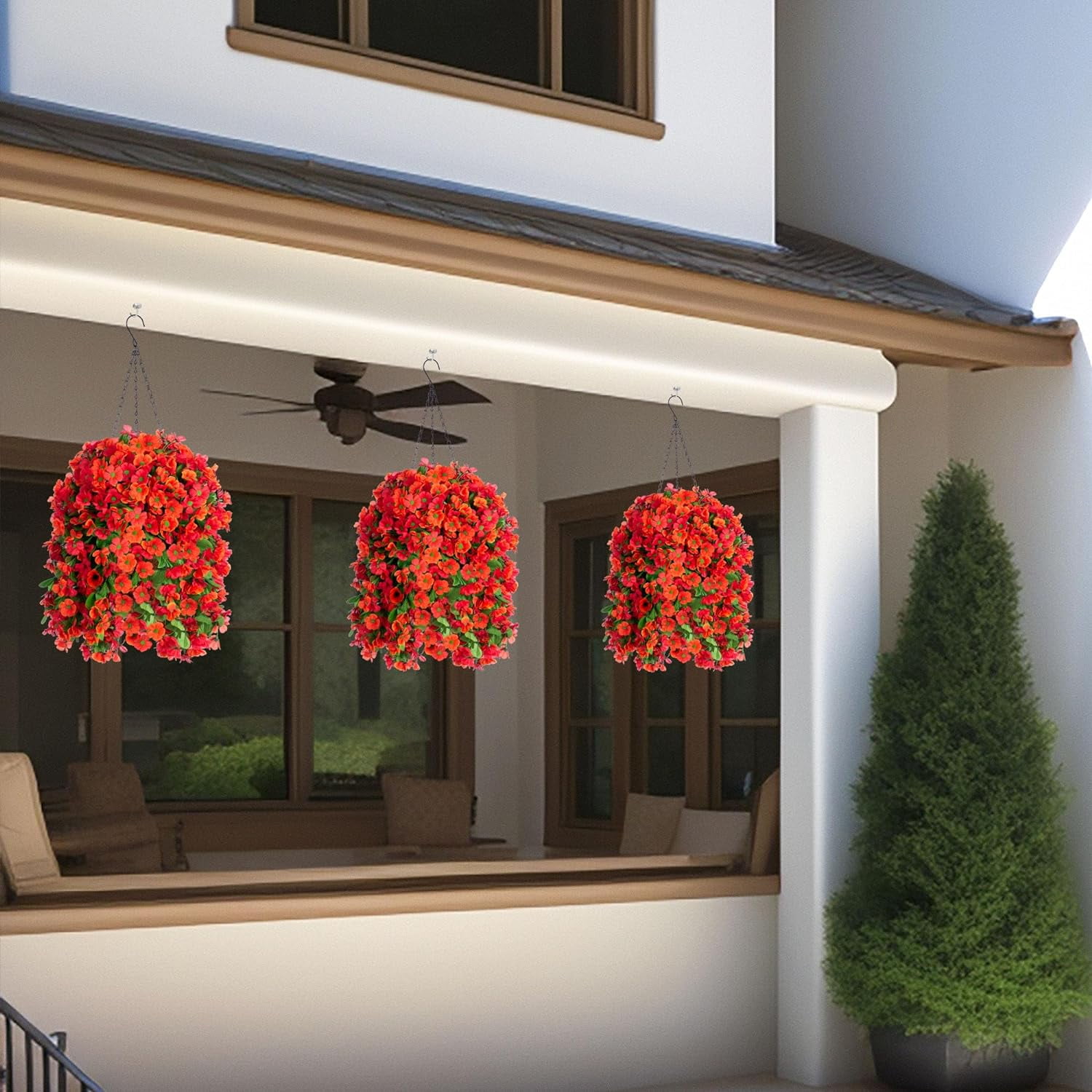 Artificial Hanging Flowers in 12 inch Basket, Fake Plant Silk Orchid Flower Arrangement with Coconut Lining Pot Planter for Patio Garden Porch Deck Spring Decoration(Rose and Pink)