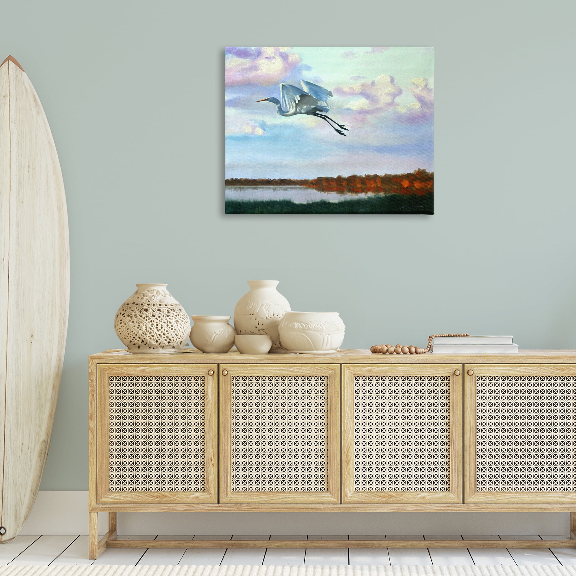 Stupell Industries Egret Over Lake Shore Landscape Painting Gallery Wrapped Canvas Art Print Wall Art, 40 x 30