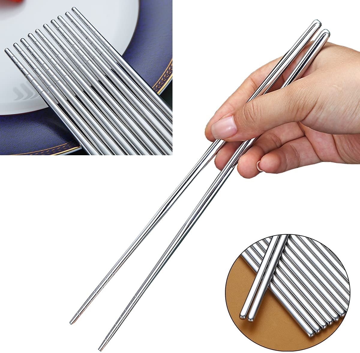 Reusable Chopsticks Stainless Steel Non-slip Japanese Dishwasher Safe 9.8 Inch Chopsticks Set with Gift Case